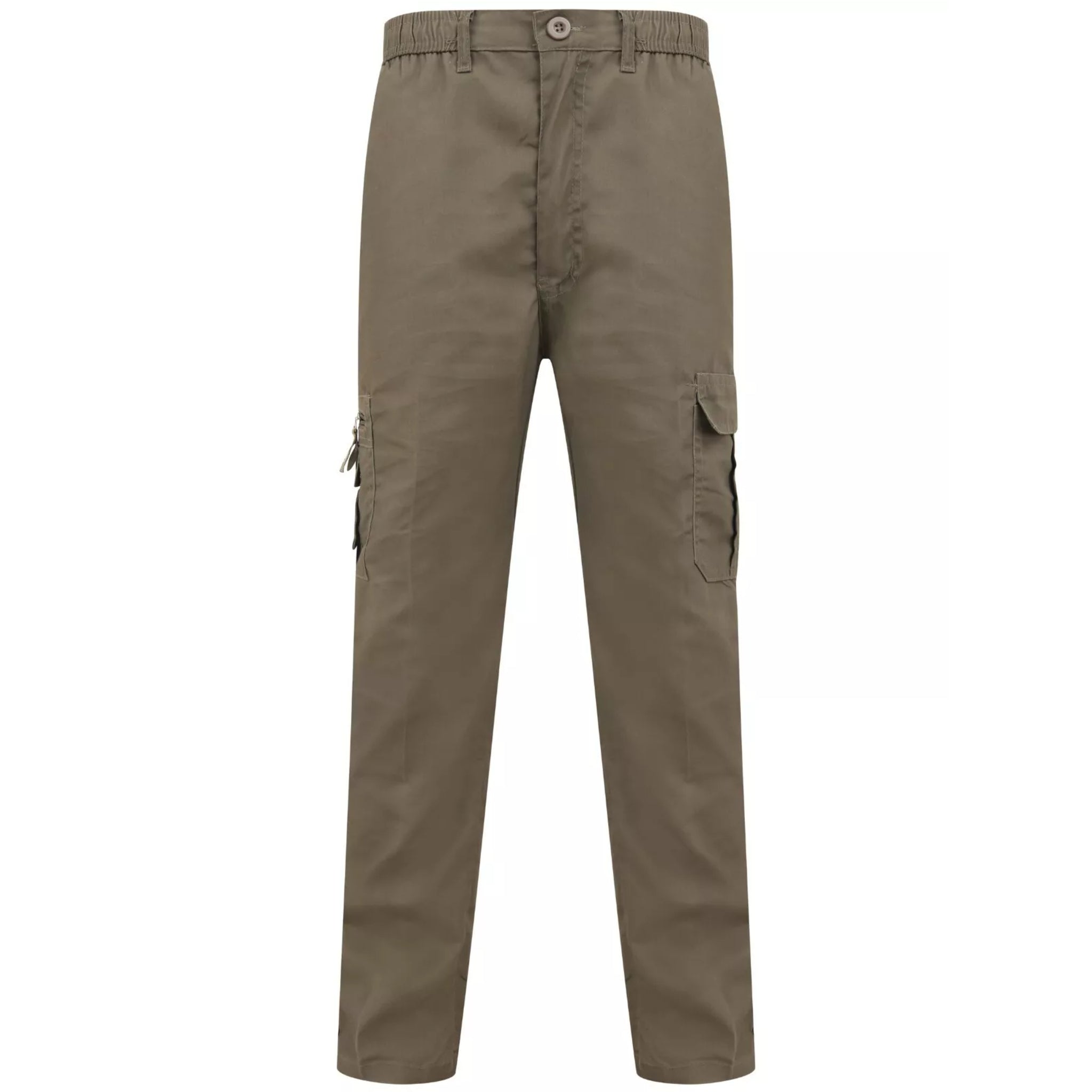 Men's light khaki green cargo utility trousers with side flap pockets, elasticated waistband, and belt loops – durable workwear or outdoor pants
